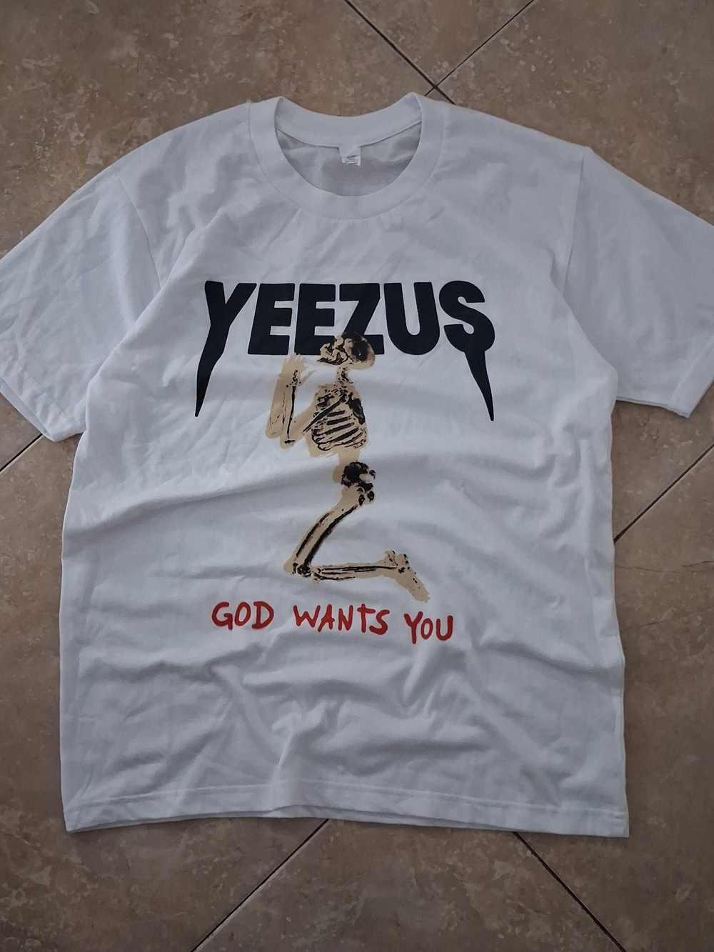 Yeezy White Tee with Black Logo, Tan Skeleton & Red Text